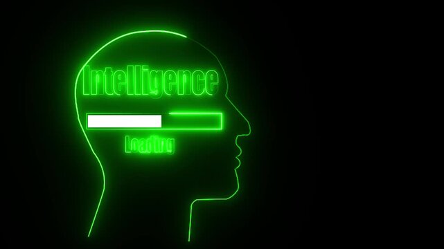 Green Neon Outline Human Head Silhouette With Intelligence Loading Bar And Text On Black Background image