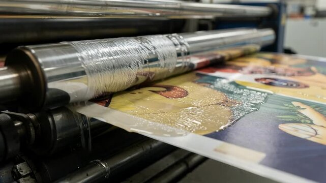 Close medium shot of a multicolor flexographic machine adding a spot varnish finish on printed paper web highlighting surface texture and sheen effects precoating.