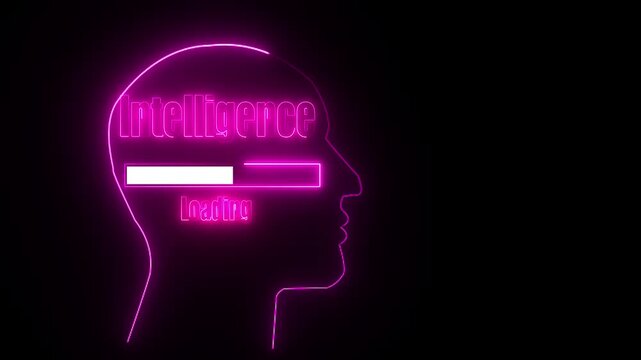 Pink Neon Outline Human Head Silhouette With Intelligence Loading Bar And Text On Black Background image