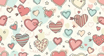 A vibrant and colorful pattern of various hearts, stars, and arrows on a cream background
