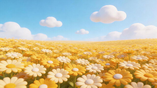 A vast field of yellow daisies with white-centered blooms stretches under a bright blue sky dotted with fluffy white clouds, evoking a serene, idyllic pastoral landscape.