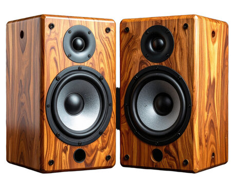 Two polished wooden speaker cabinets with black drivers and tweeters