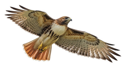 Fototapeta premium Isolated Red-tailed Hawk soars with wings spread, a majestic bird of prey in flight against sky
