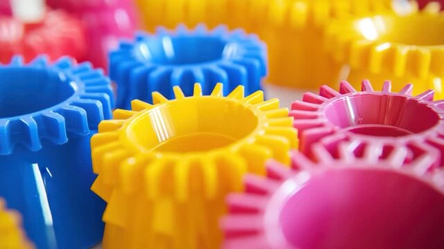 Colorful, plastic, gear-like objects in various primary and secondary colors, clustered together