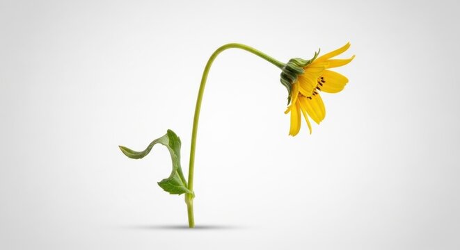 A wilting yellow flower with drooping petals and a curved green stem against a gray background