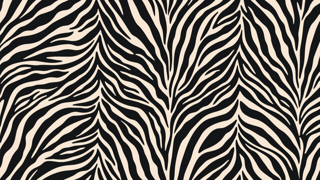 Seamless zebra print pattern with organic black and white wavy stripes, ideal for textile, fashion, or background designs.