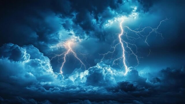 Dramatic sky with dynamic blue clouds and multiple bolts of lightning illuminating the scene
