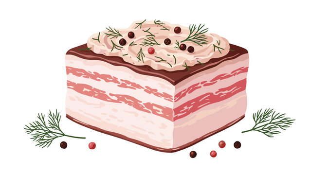 Thick slice of cured pork belly or fatback topped with a creamy spread, fresh dill sprigs, and scattered black peppercorns.