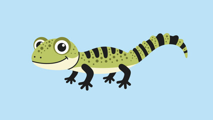 Fototapeta premium Cute cartoon illustration of a green and black striped gecko lizard smiling happily on a solid light blue background.