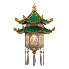 Fototapeta premium Ornate traditional chinese lantern with green tiled roof and intricate metalwork isolated on transparent background