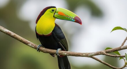 Fototapeta premium A vibrant bird with a large, colorful beak perches on a branch