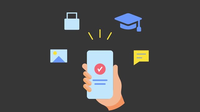 Smart Technology Interactions: A hand interacts with a smartphone, showcasing essential app icons and user interface elements, all set against a sleek, dark background.