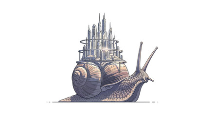 Whimsical illustration of a giant snail carrying an elaborate, futuristic city on its spiraling shell, symbolizing slow but persistent progress and unique architectural concepts © john