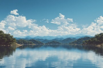 Tranquil lake scene reflecting a vibrant sky, ringed by trees and gentle rolling hills