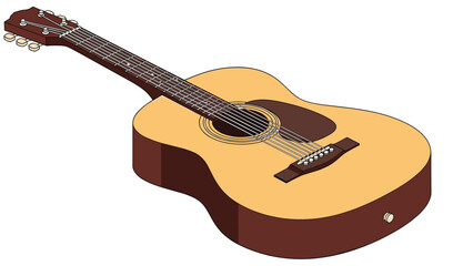 Fototapeta premium Classic acoustic guitar with a natural wood finish shown in an isometric perspective on a plain white background.