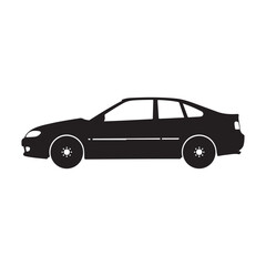 Fototapeta premium Black silhouette of a four door sedan car with wheels and windows on white background for design and illustration a simple vehicle icon