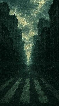 Post apocalyptic city street with ruined skyscrapers and debris under a gray cloudy sky with birds circling overhead in a desolate wasteland environment, made of cubes

