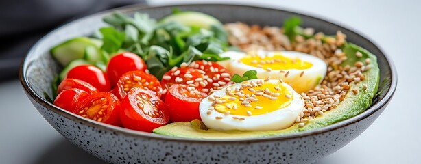 Healthy bowl with eggs and fresh vegetables.