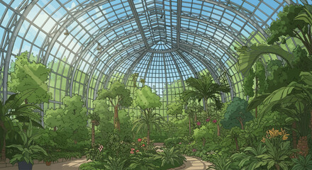 Inside a lush tropical greenhouse with a glass dome roof. © Bagaskara