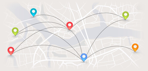 City map with destination navigation markers. Town plan with multicolored route pointers. Delivery service concept, urban logistics. © Ramcreative