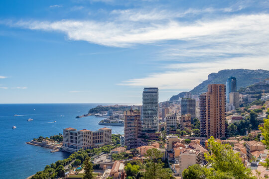Skyline of Monaco with high-rise buildings and Mediterranean coastline