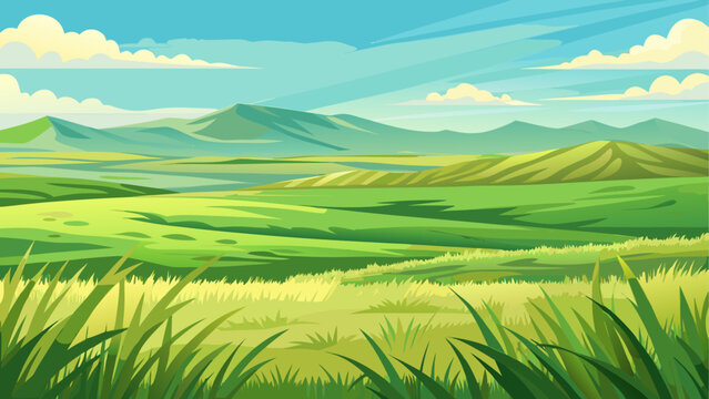 A open prairie covered in soft green grass stretching to the horizon gentle rolling ground creates peaceful natural depth clean minimal vector illustration flat design uncluttered composition