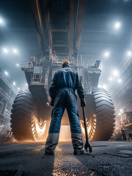 A low-angle shot of a mechanic in blue overalls holding a large wrench, dwarfed by the massive tires and chassis of a heavy-duty mining dump truck in a workshop.