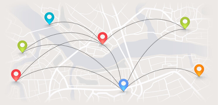 City map with destination navigation markers. Town plan with multicolored route pointers. Delivery service concept, urban logistics.
