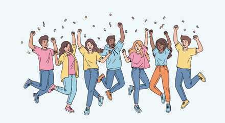 Obraz premium Group of happy young people jumping and celebrating together in flat vector illustration style. 