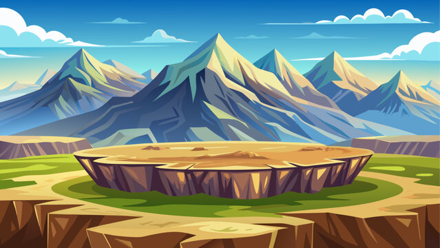 A high mountain plateau with flat elevated ground surrounded by distant mountain ranges open sky creates a strong sense of elevation clean minimal vector illustration flat design