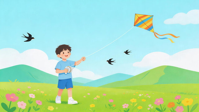 Young boy joyfully flies a colorful kite in a lush green meadow with blooming flowers, distant hills, and a bright blue sky. Birds soar nearby, capturing a peaceful, idyllic outdoor leisure moment.