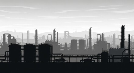 Obraz premium A grayscale industrial landscape with silhouetted structures and pipes against a hazy sky