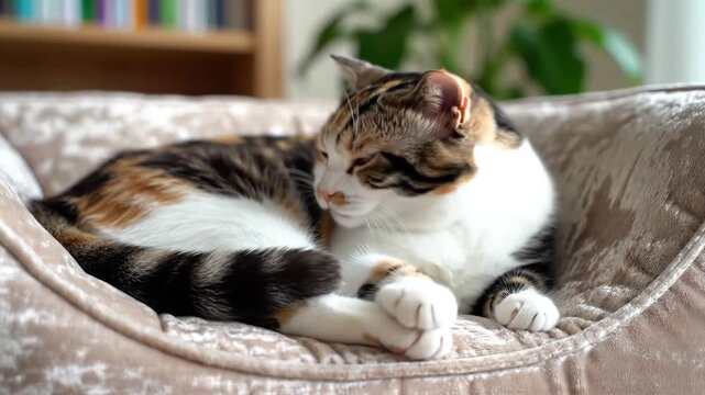 A beautiful calico cat with striking markings rests comfortably on a plush, ornate pet bed indoors, looking relaxed and content in soft natural light.