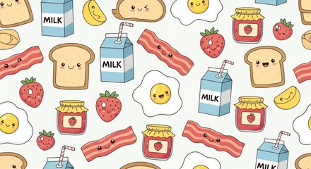 A colorful breakfast-themed pattern featuring cartoon illustrations of food and drink on a white background