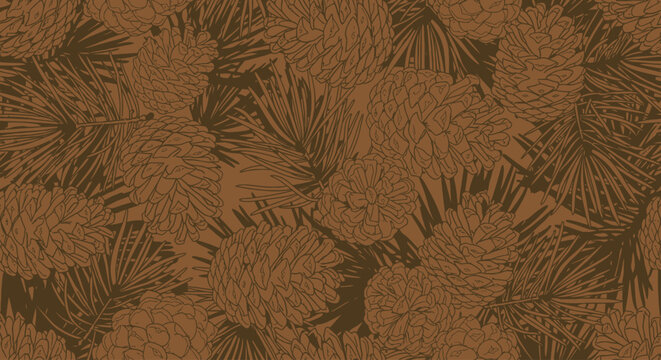 Brown pine cone and needle pattern seamless background