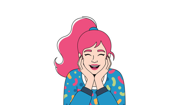 An overjoyed young woman with bright pink hair and a colorful sweater laughs happily with her hands on her cheeks.