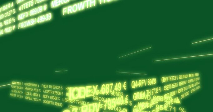 Camera pushing through yellow tickers over transparent void revealing GROWTH, showing market flow