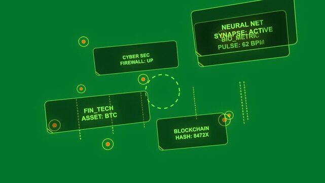 HUD booting via node pulse, rotating, nodes orbiting, ring flashing, monitoring on transparent bg