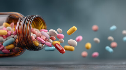A high-action studio shot of an open amber glass medicine bottle lying on its side, with a variety of multi-colored pills, tablets, and capsules