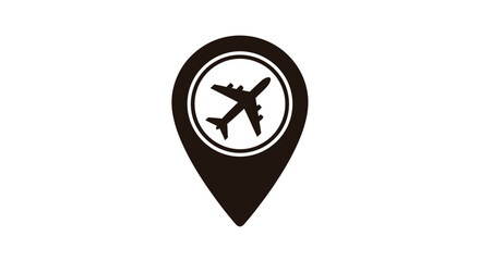 Simple vector graphic design illustrating a dark location pin icon containing a silhouette of an airplane marking an airport destination or travel point
