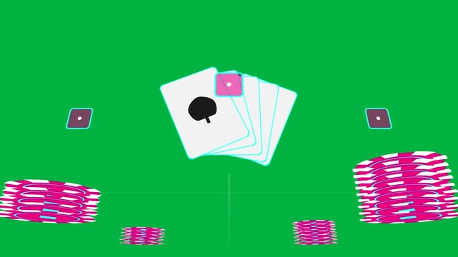 Magenta square falling, cards tilting and tiles stacking, forming stack for chips; transparent