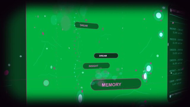 Neon dots grouping holo column pulsing merging lighting MEMORY INSIGHT showing flow on transparent