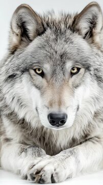Close up portrait of a beautiful grey wolf resting and looking directly at camera