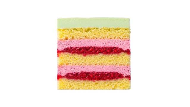 Isolated layered raspberry cake dessert square with yellow spongecake, light green frosting