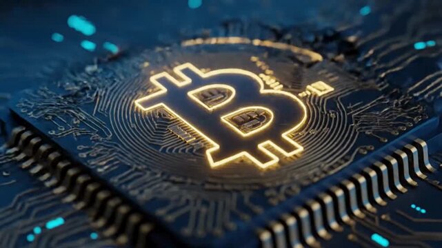 High-tech 3D animation showing a standard computer processor chip transforming into a brightly glowing digital Bitcoin symbol on a futuristic circuit board, representing crypto mining and digital fina
