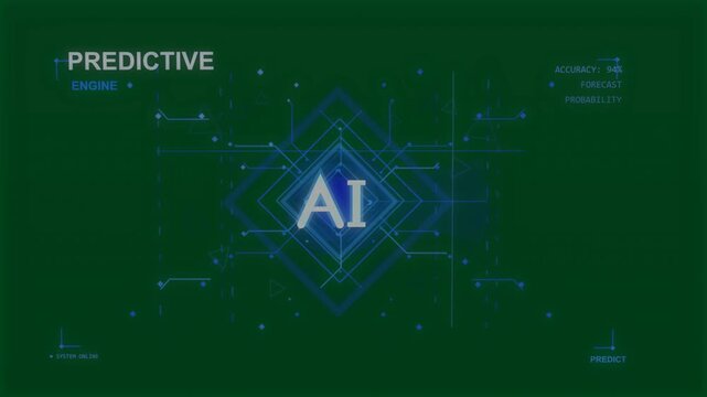 AI logo popping, diamonds expanding, lines branching, HUD, starting predictive AI on transparent bg