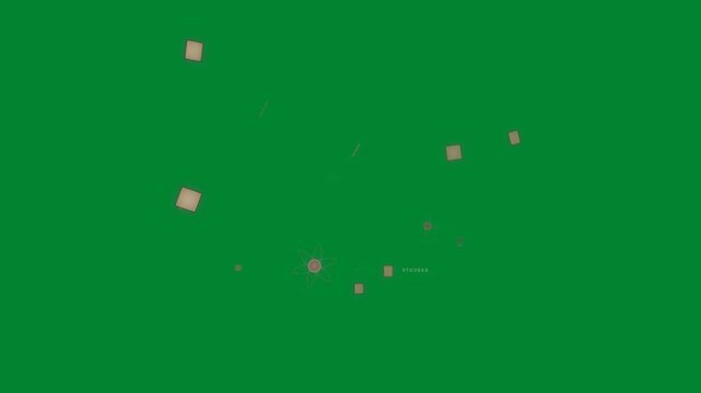 On start cluster drifting outward, rotating, atom core pulsing, label revealing HUD, transparent-bg