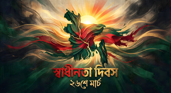 Bangladesh Independence Day Map Silhouette with Red Sunburst and Bengali Text "Independence Day 26th March"