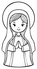 Cartoon illustration of a gentle woman with a halo praying with clasped hands