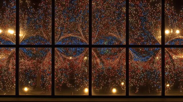 Colorful lights reflected in a window with dark framing, resembling an optical illusion